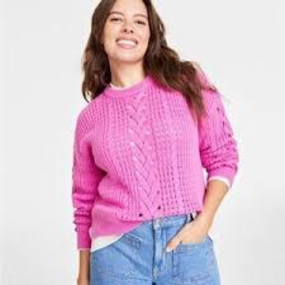 On 34th Women's Cable-Knit-Mesh Crewneck Sweater Woman’s Small